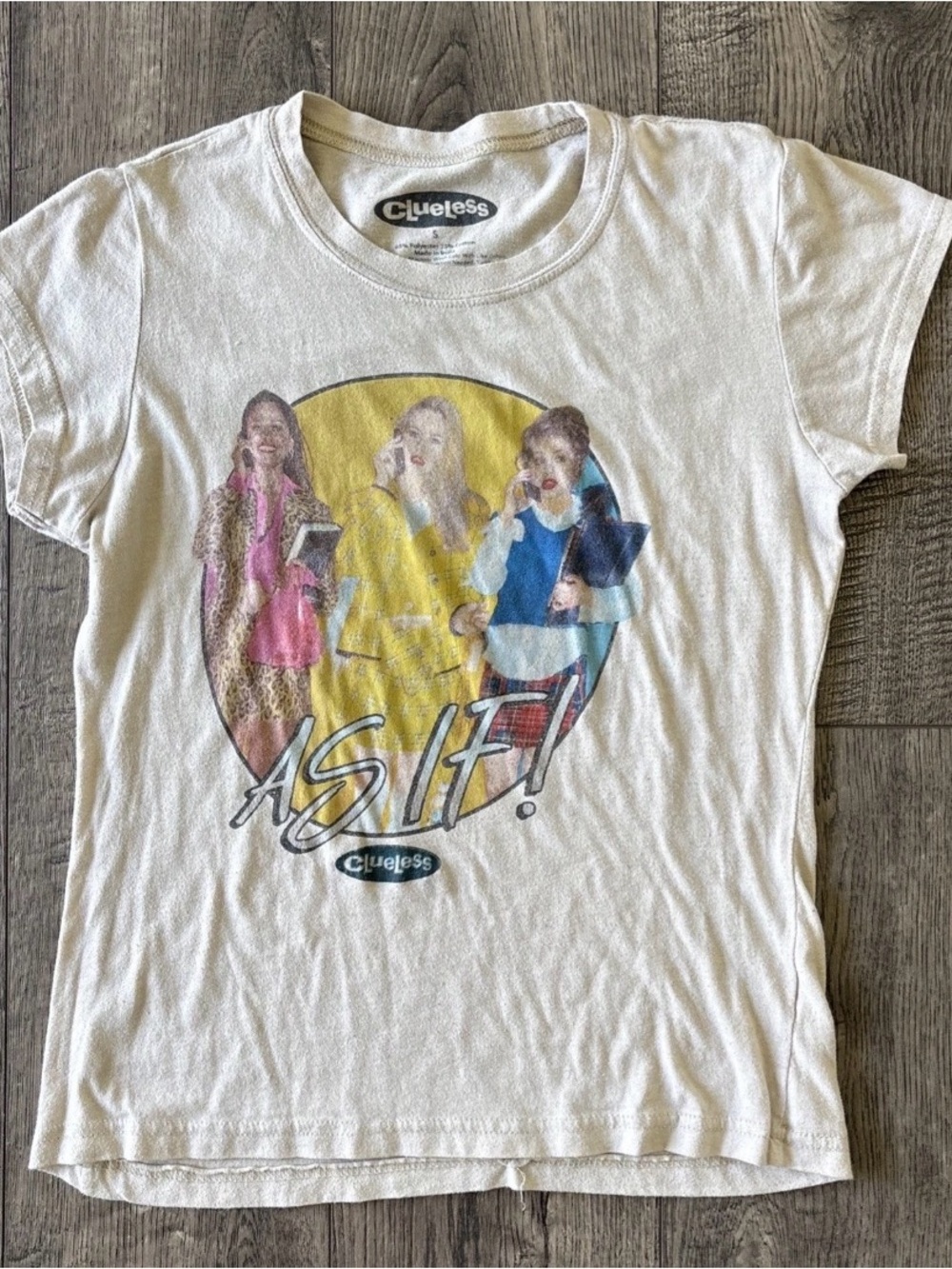 Vintage Y2K Clueless AS IF! Graphic Tee in White with Pink, Yellow & Blue